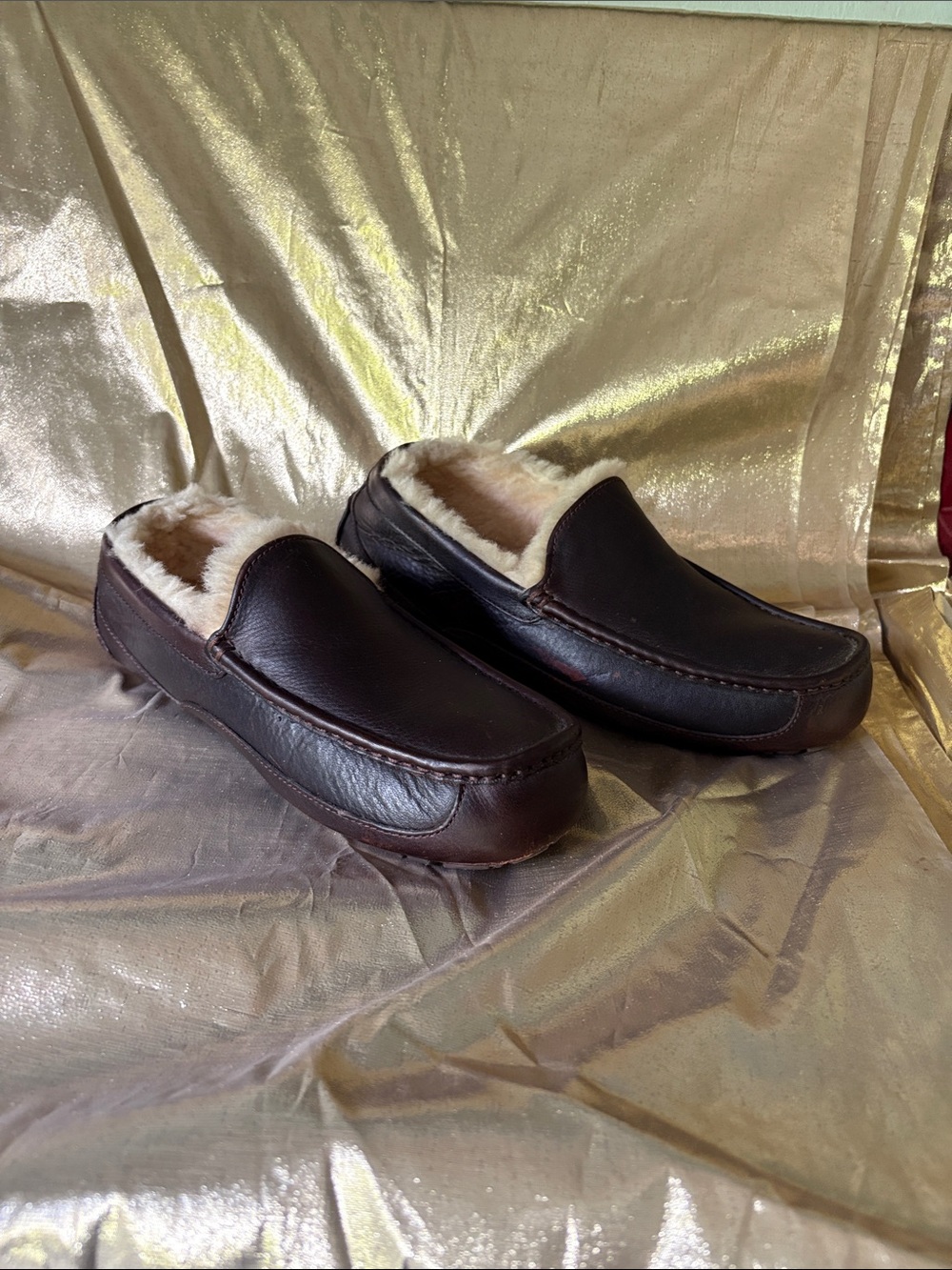 UGG Brown Leather Fur-Lined Slip-On Loafers
